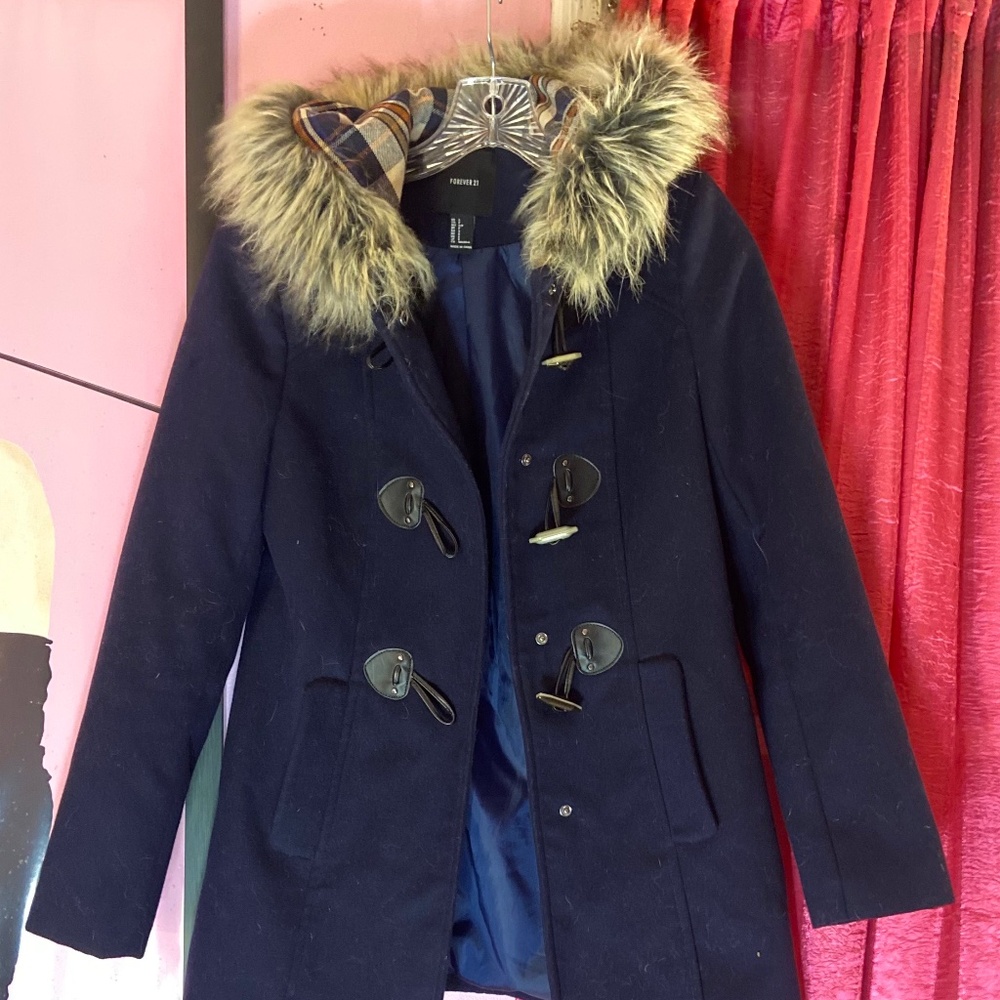 Forever 21 Fur Hood Trench Coat Winter Navy Blue Toggle Clasp Women’s Small - Picture 6 of 6